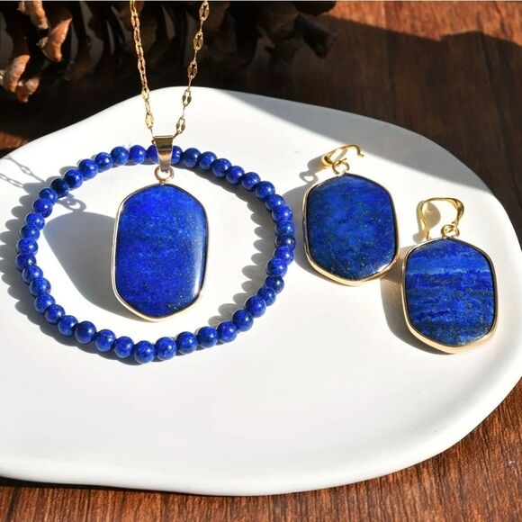 Lapis Lazuli Necklace Pendant Bracelet & Earrings Set - Picture 5 of 6